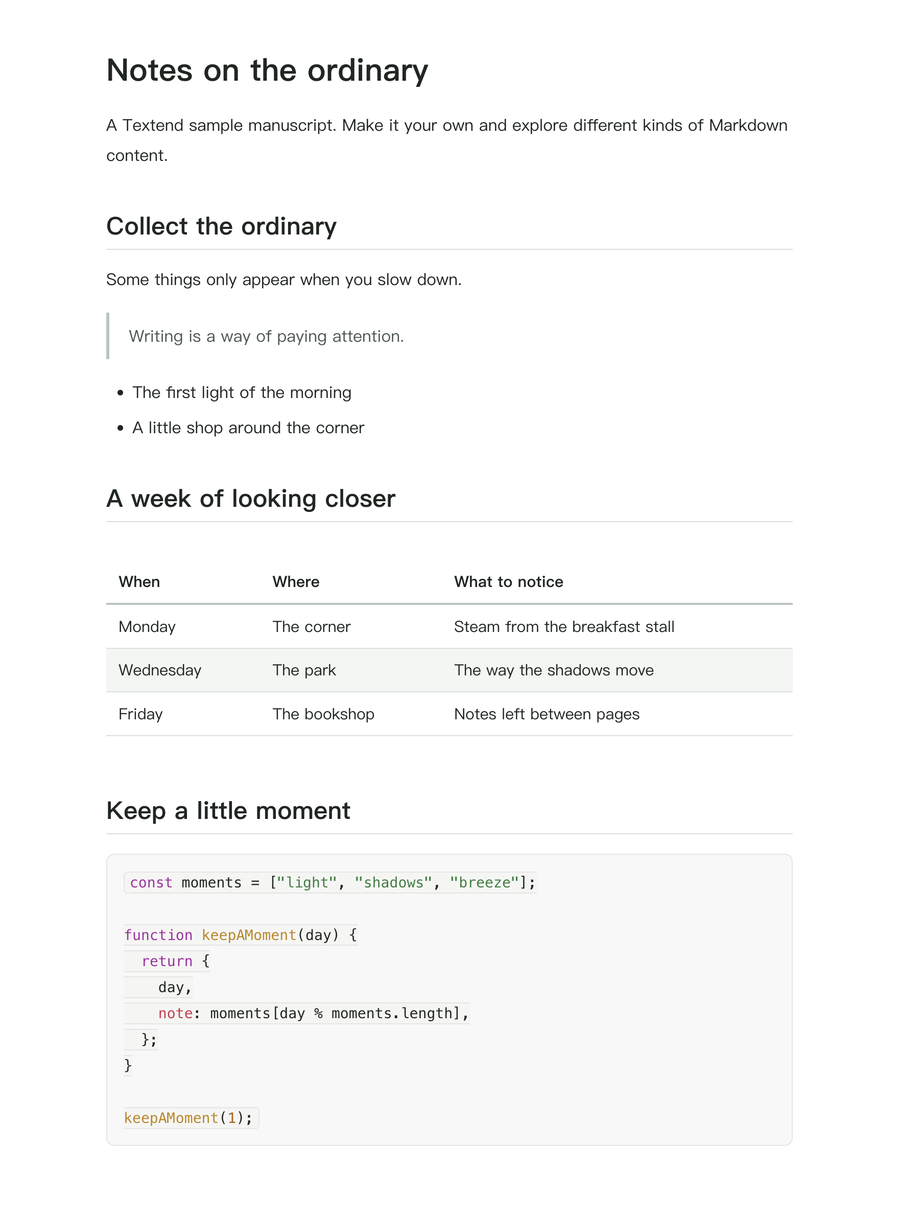 HTML export preview of Notes on the ordinary, with prose, a table, and code